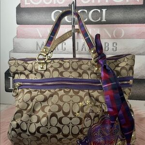 Coach Tan Signature Canvas Tote with Purple Trim and Plaid Scarf